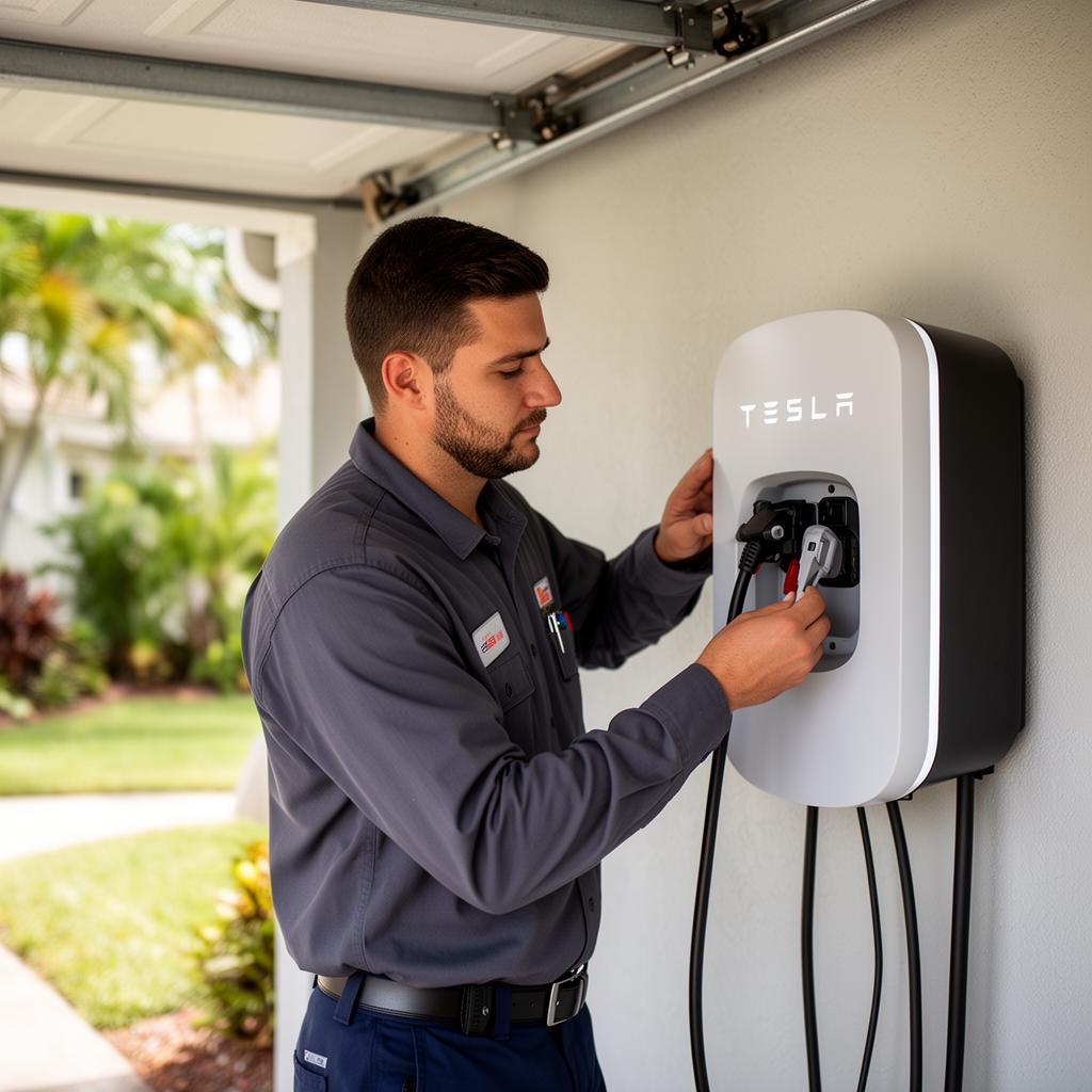 Electrician installing a Tesla EV wall charger