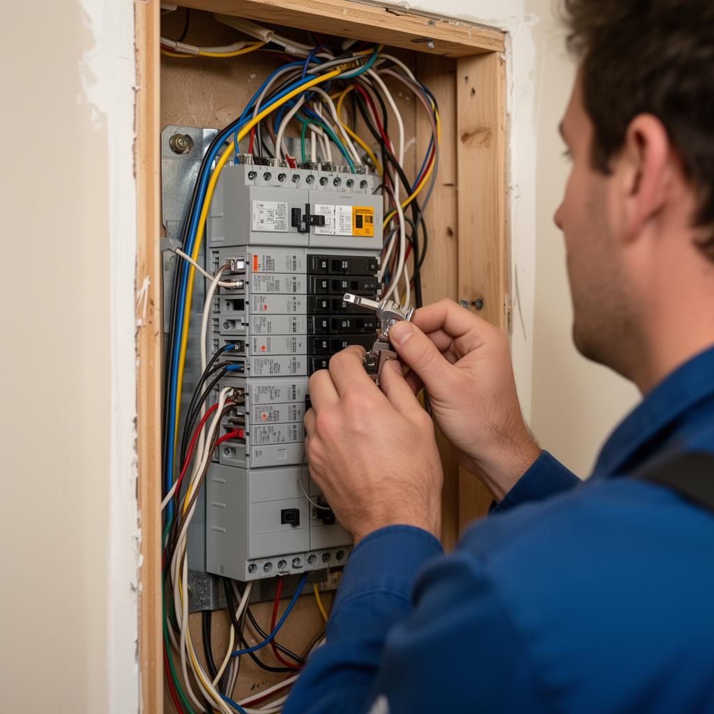 Electrician installing a residential breaker panel